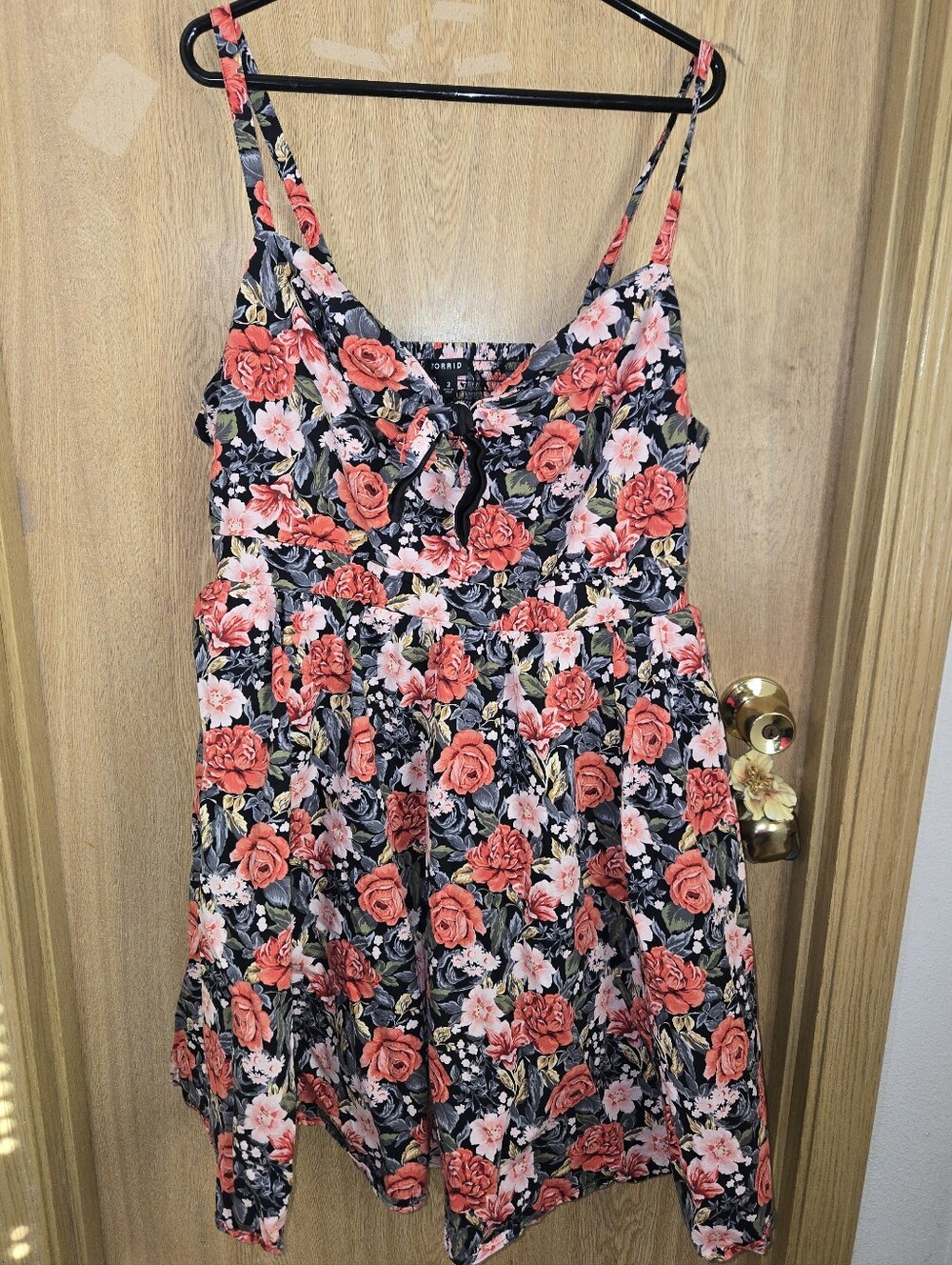 Torrid Floral Black Pink Rose Floral Mini Poplin Tie-Front Pinup Skater Dress